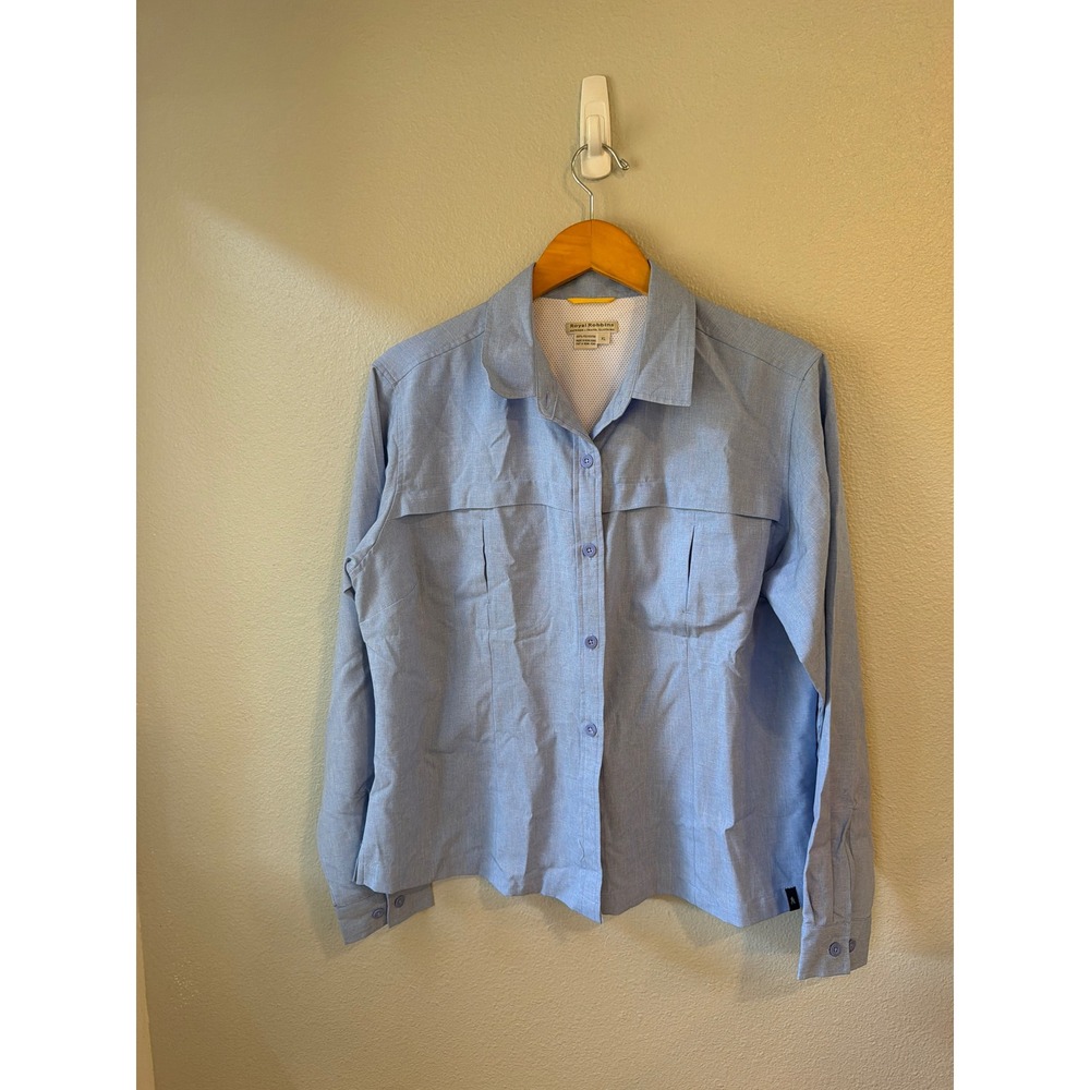 Royal Robbins Button Up Shirt Womens XL Blue‎ Outdoor Travel Vented Long Sleeve